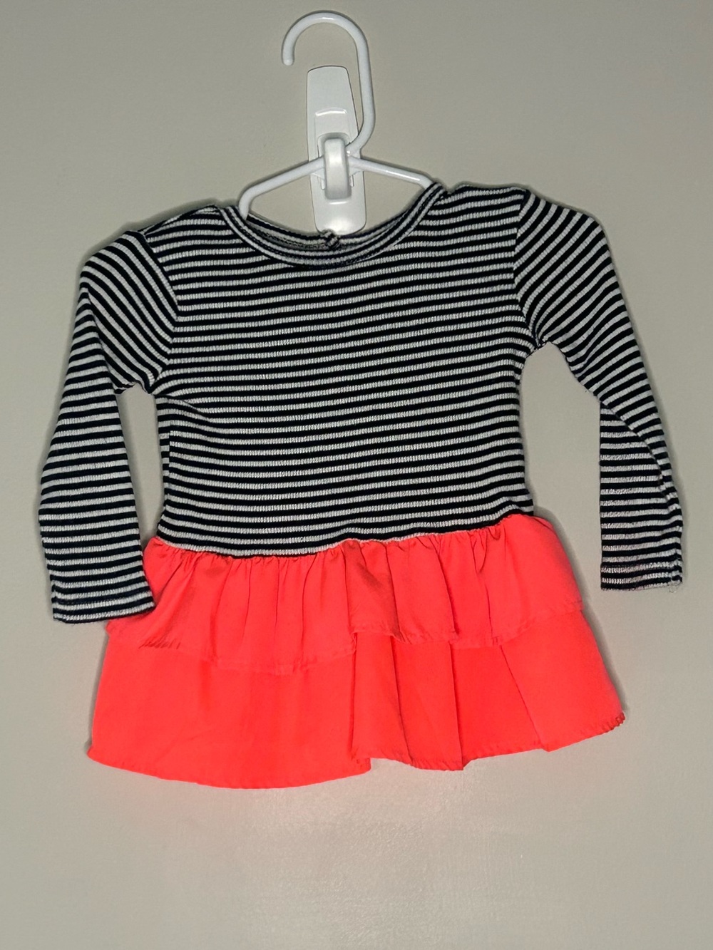 Girls Dress with Striped Black & White Top with Bright Coral Pink Ruffle Skirt
